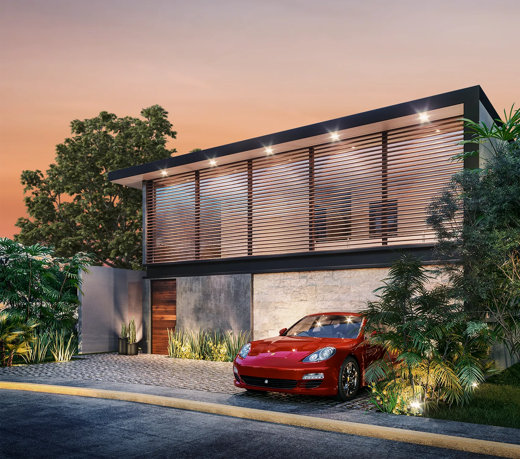 Render de fachada residencial moderna al atardecer: planta alta protegida por celosía horizontal de madera (louvers) y planta baja con muro de piedra natural e iluminación cálida