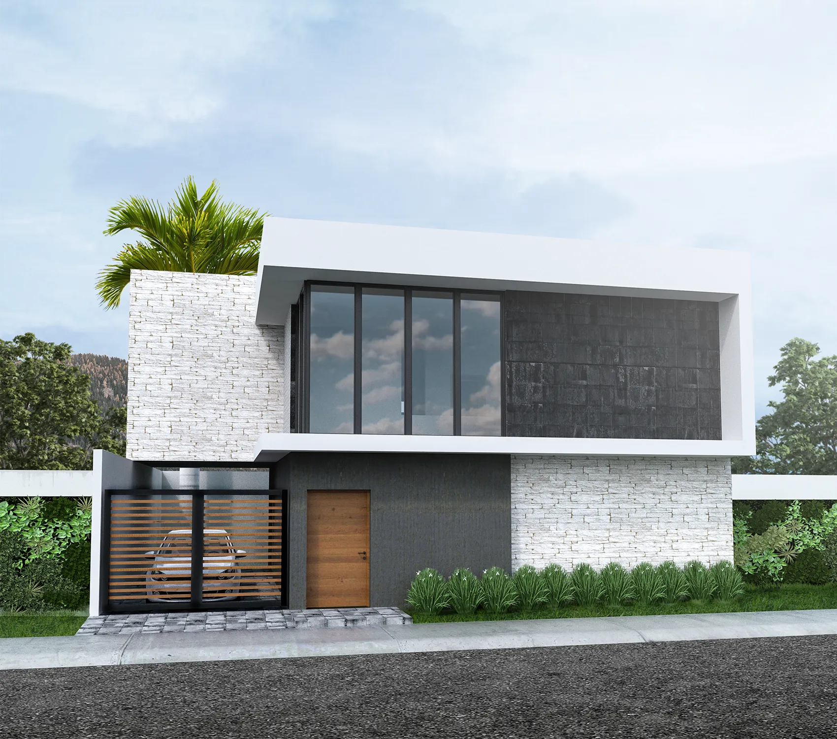 Render de fachada moderna minimalista: volumen superior en forma de 'C' enmarcando un gran ventanal y muro gris, contrastando con la torre lateral revestida de piedra blanca Galarza.