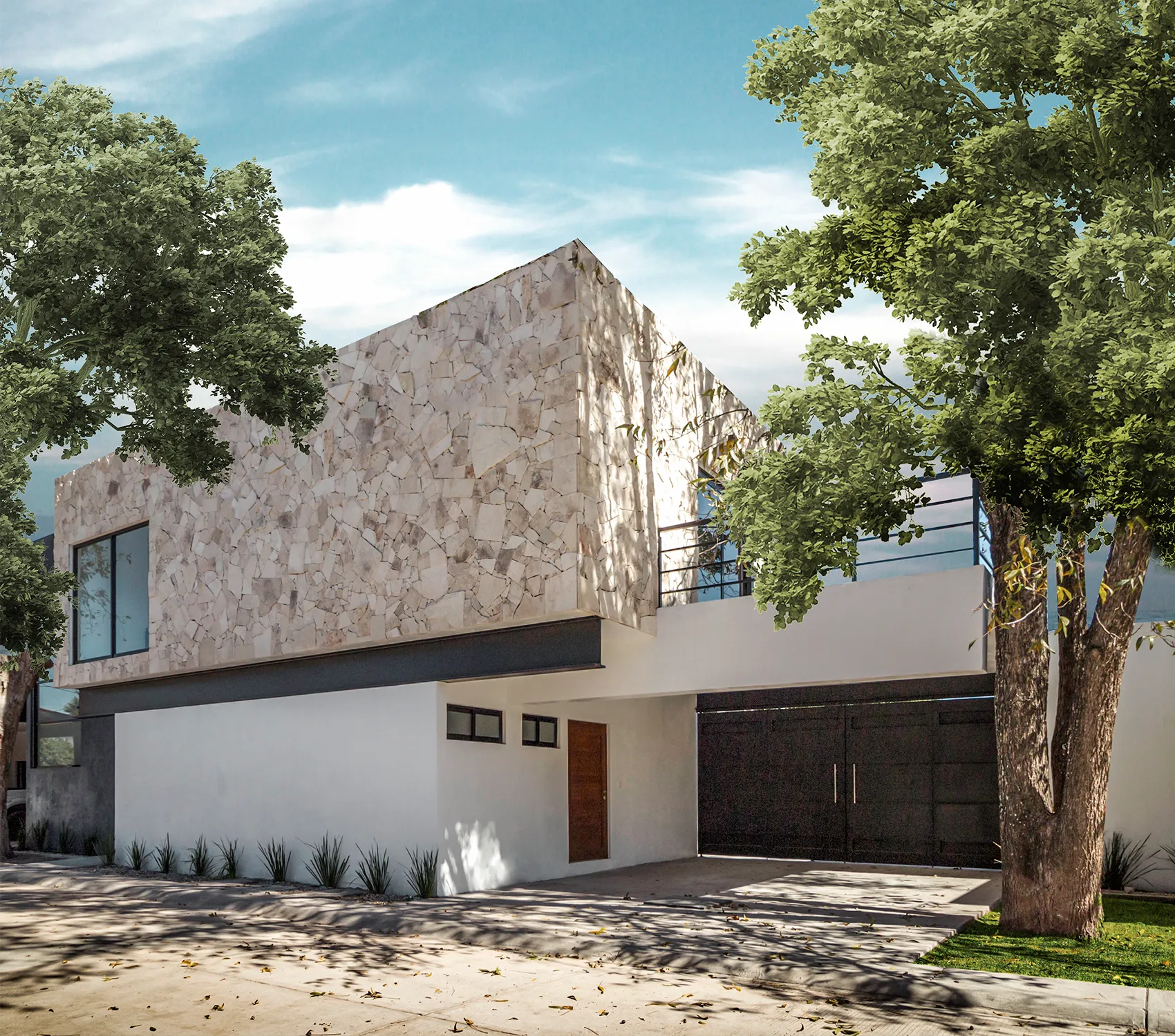 Fachada residencial con volumen en voladizo revestido de piedra natural irregular, soportado por una gran viga de acero IPR negra y muros blancos en planta baja.